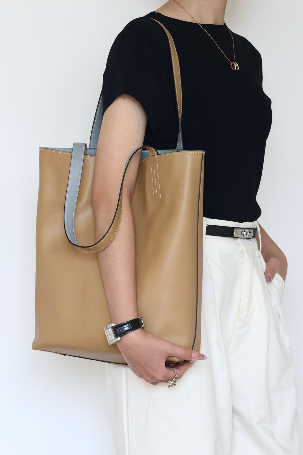 Hermes Women's Double Sensneo Calfskin Shoulder Bag Fashionable Color-Blocked Open Bag Double-Sided Tote Bag With Makeup Bag Bags Ngvp H086707CAAL #2277