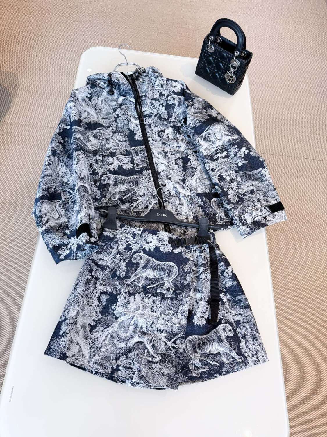 Dioriviera Women's Spring/autumn Fashion Classic Sauvage Printed Pattern Hooded Zipper Jacket High Waisted Short Casual Skirt Pants Shorts Suit Set #78378