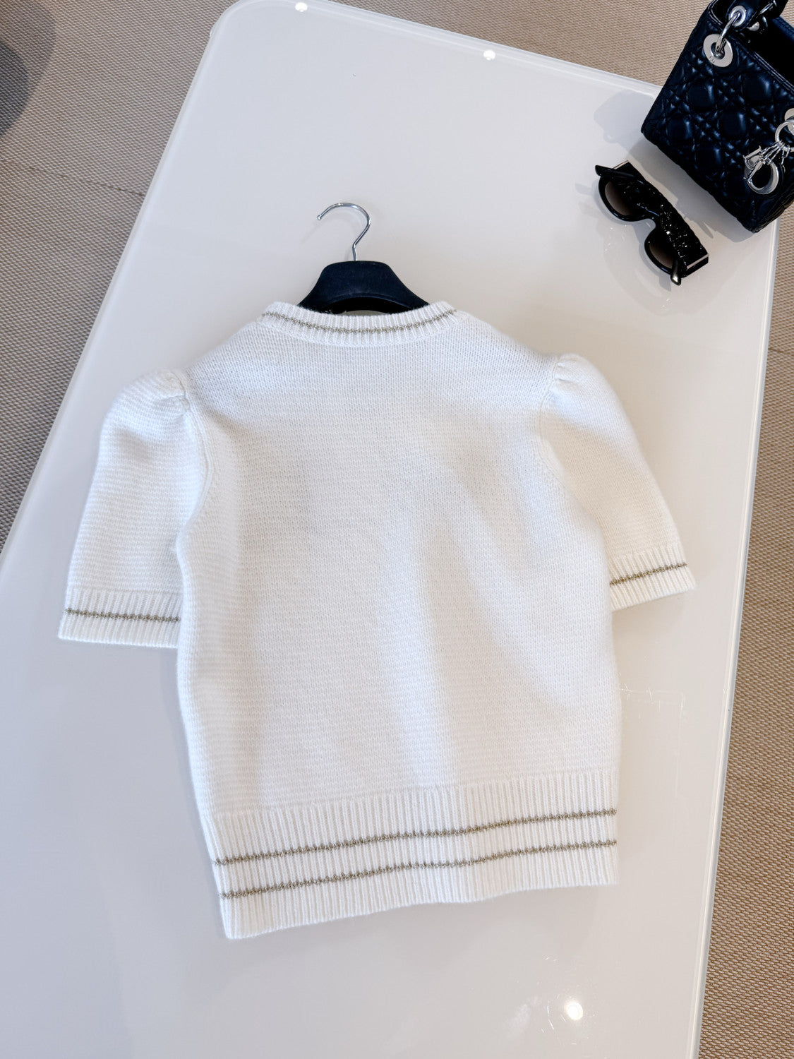 DIOR Short-Sleeved Sweater Ecru and Gold-Tone Virgin Wool-Cashmere Blend Knit #335676