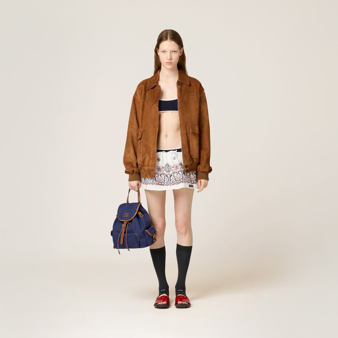 MiuMiu Women's Autumn And Winter Luxury Suede Leather Pilot Jacket Fashion Trend Solid Color Ban Lapel Jacket #81614