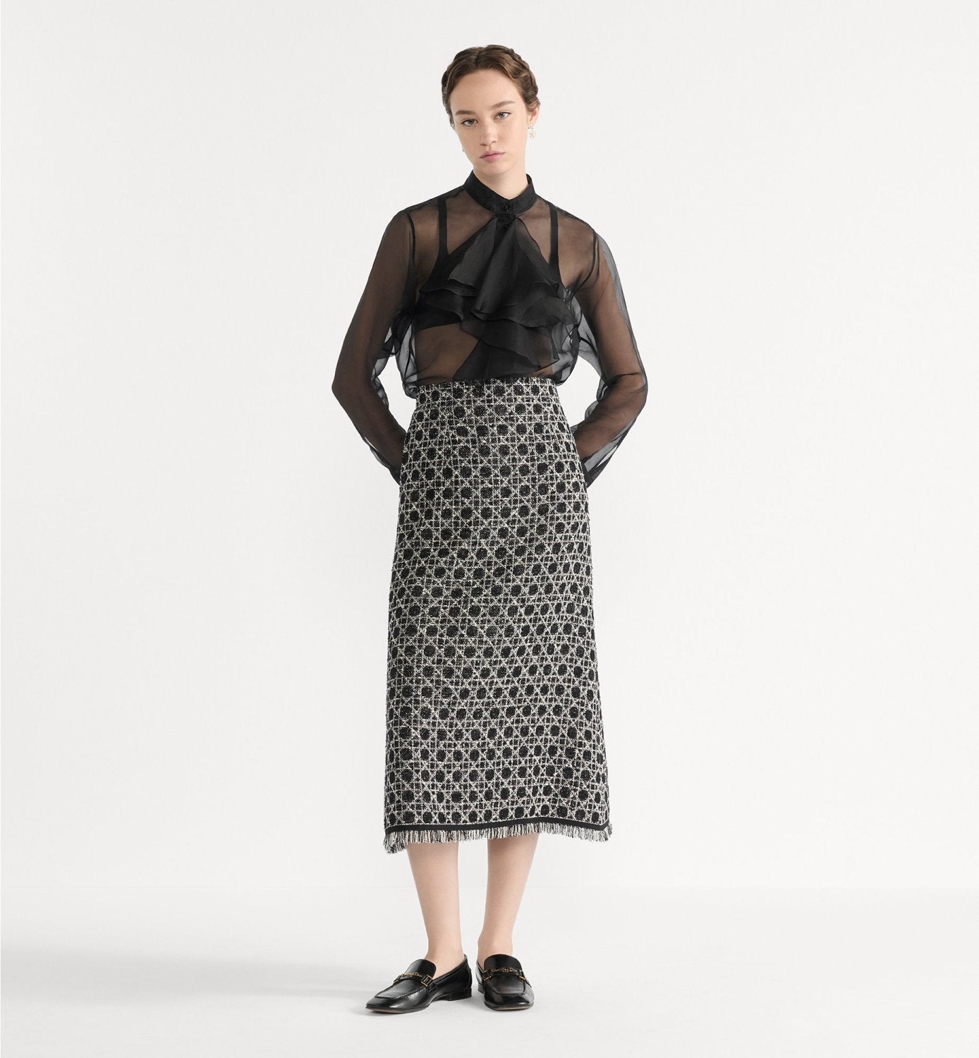 DIOR Macrocannage Regular Fit Jacket Mid-Length Macrocannage Flared Skirt  Black White Cotton-Blend Tweed Knit  #334340