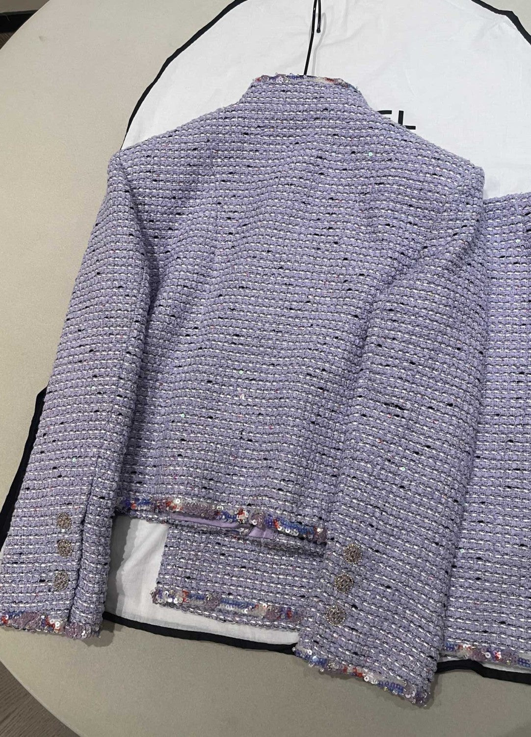Chanel Jacket Skirt Cotton Tweed Sequins Lilac #376154