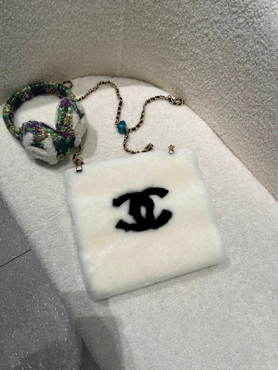 Chanel Muff Earmuffs Shearling Lambskin Tweed Ecru #335043