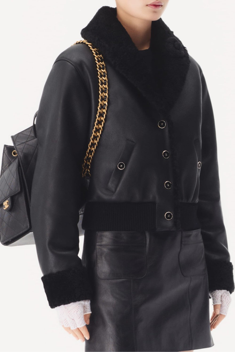 Chanel 25FW Tunic Jacket Reversible Shearling Black Merino Wool Women's Warm Retro Leather Jacket #332447