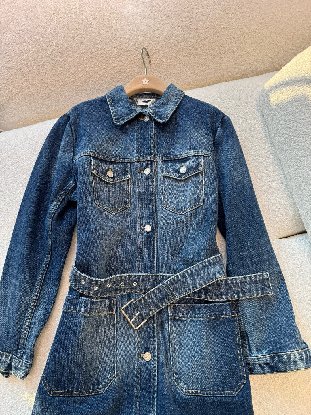 Dior Women's Spring/Fall Fashion Casual Midi Length Single Breasted Collar Print Belted Long-Sleeve Denim Skirt Dress #78947