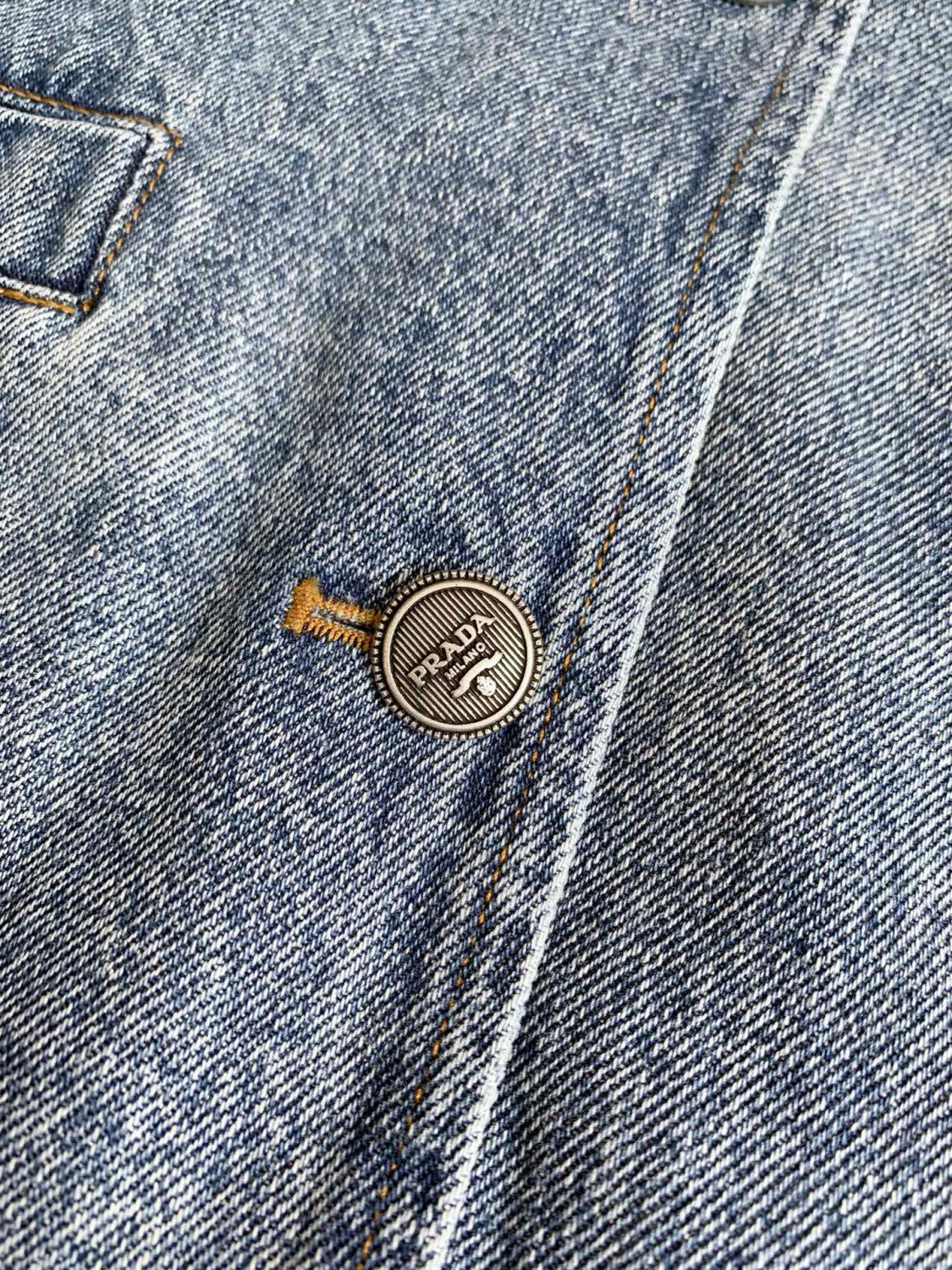 Prada Women's Spring/Summer/Fall Triangle Logo Waistband Denim Solid Color Single-Breasted Short Cotton Denim Blouson Jacket #81583