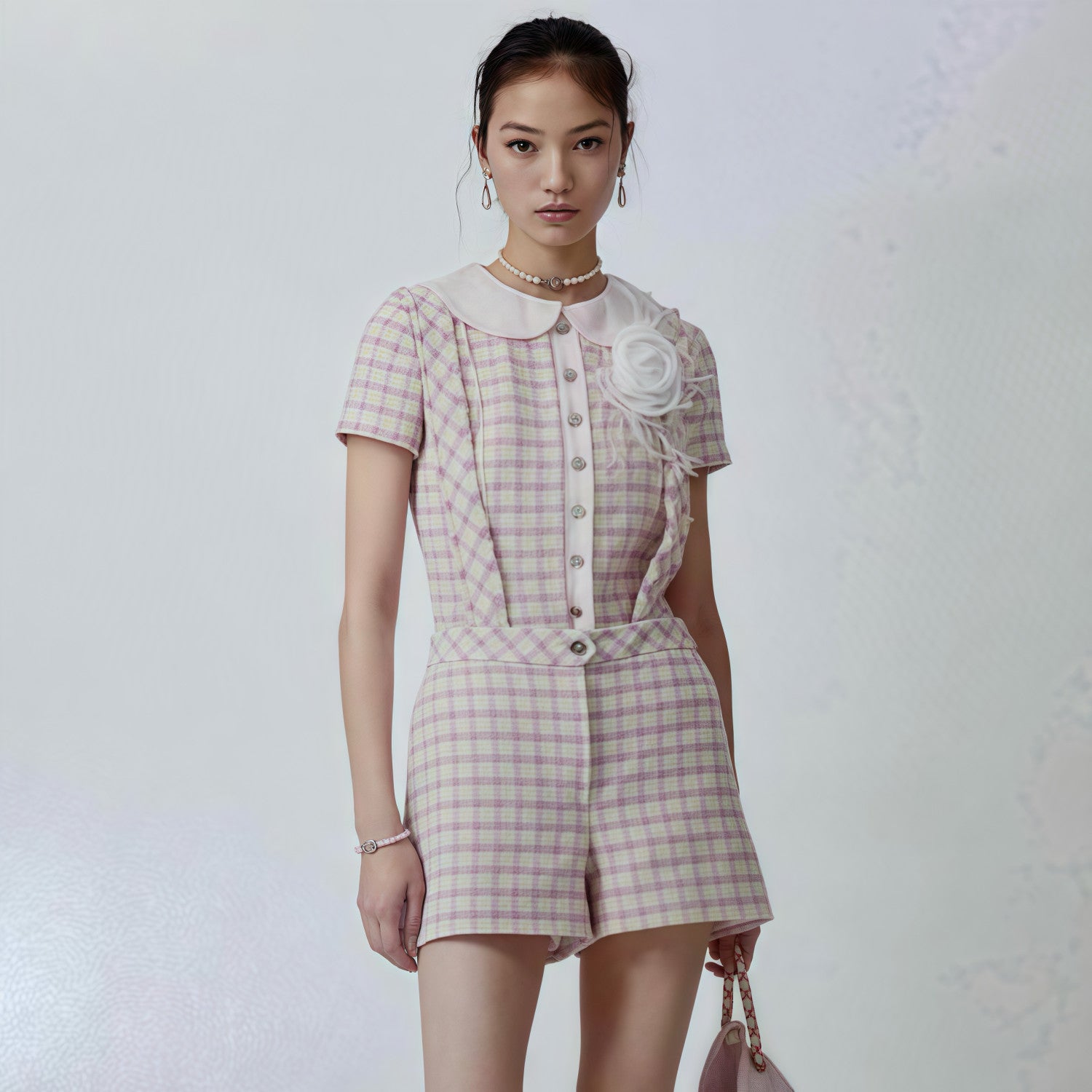 Chanel Women's Summer High-Street Striped Color-Blocked Casual Suspender Pants Cotton Tweed Shorts Ngvp #2359