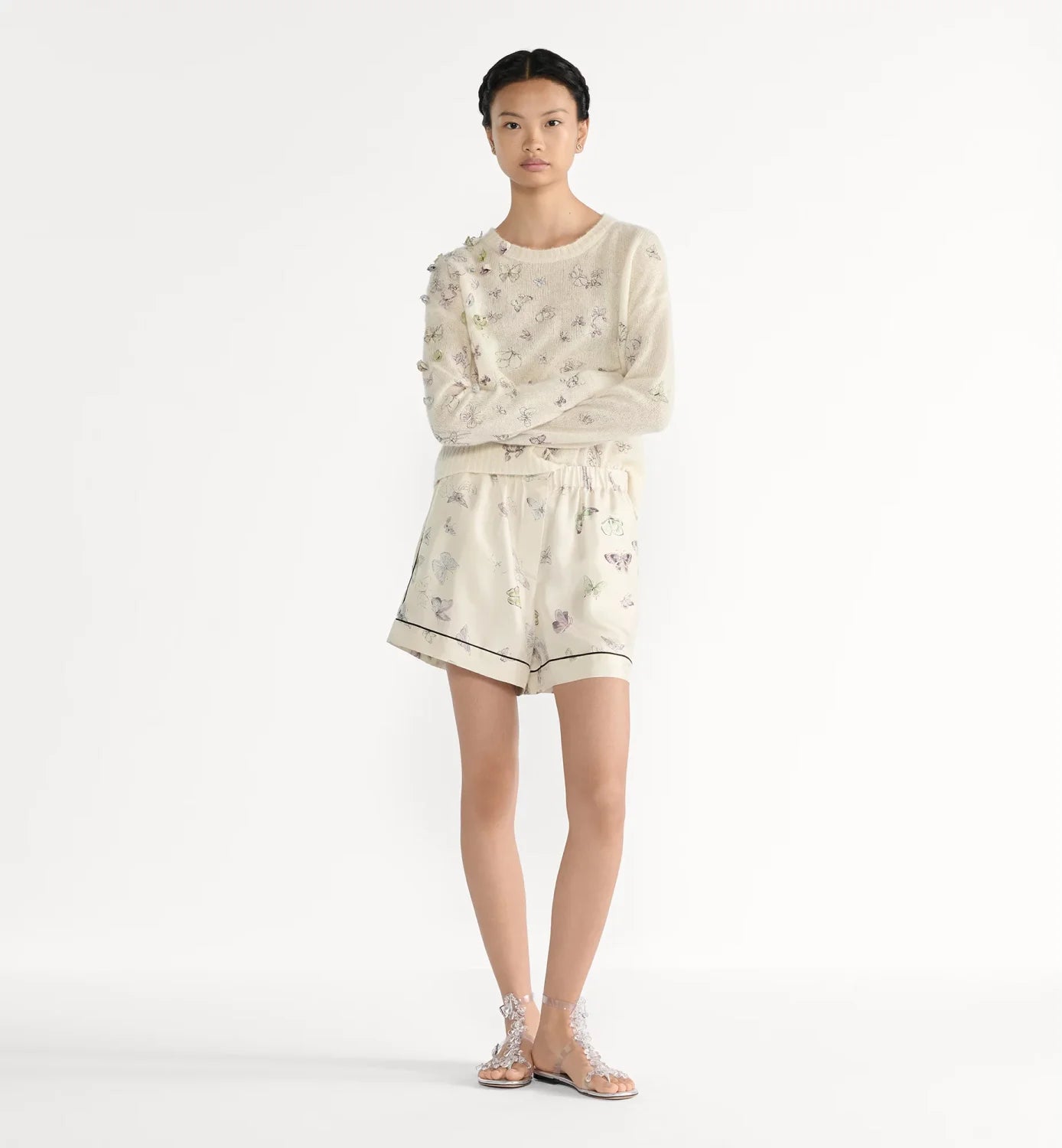DIOR Embroidered Sweater White Alpaca Cashmere and Silk Knit with Multicolor Butterflies Iris Motif #335853