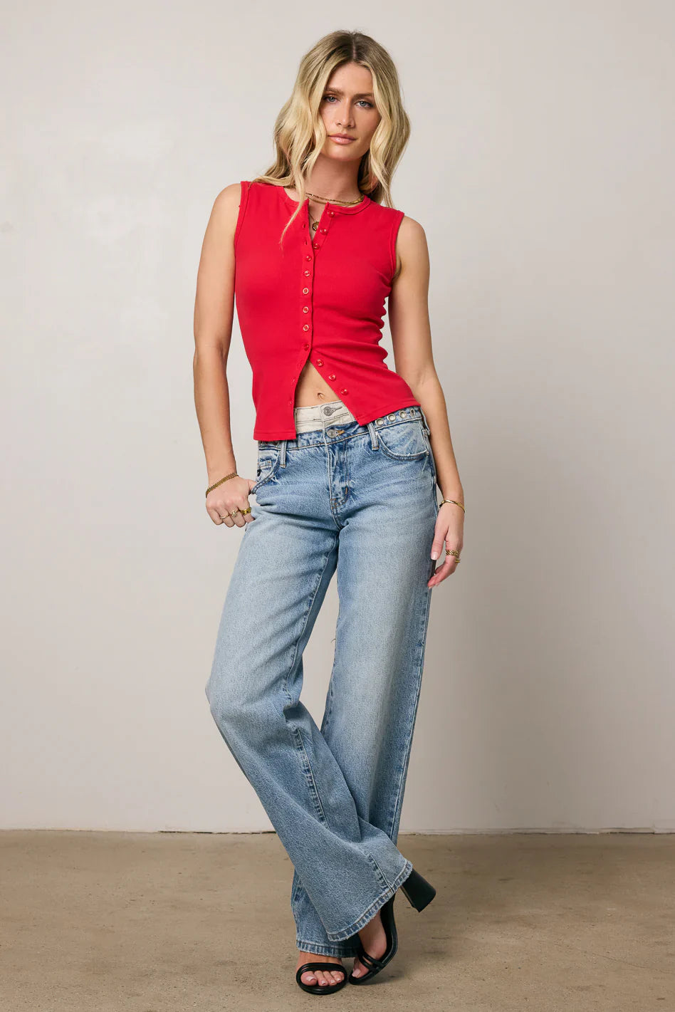 Lucas Button Up Tank Top in Red