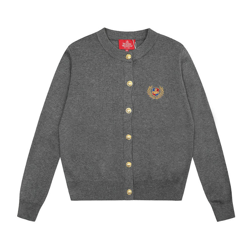 Vivienne Westwood Women's Logo Embroidered College-Style Spring/Fall Vintage Solid-Color Wool Crewneck Long-Sleeve Knit Cardigan #81761