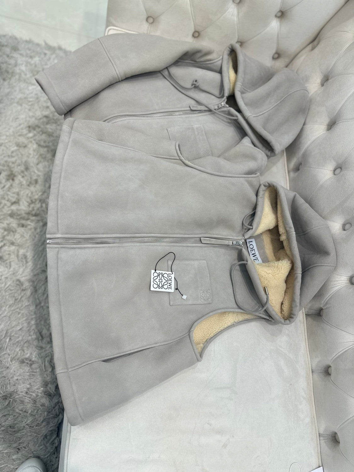 LOEWE Deppi Suede Brushed Beige Yellow Hair Brushed Hooded Fur Vest Shearling Hooded Vest #332351