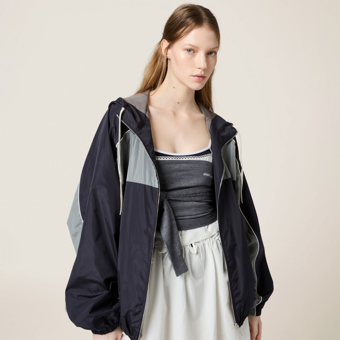 MiuMiu Women's Spring/Summer Striped Color-Block Logo Zipper Hooded Oversized Short Jacket #81594