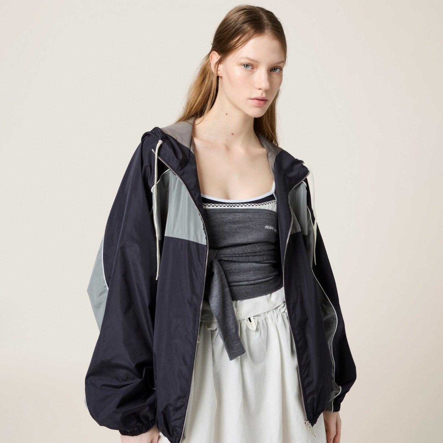 MiuMiu Women's Spring/Summer Striped Color-Block Logo Zipper Hooded Oversized Short Jacket #81594