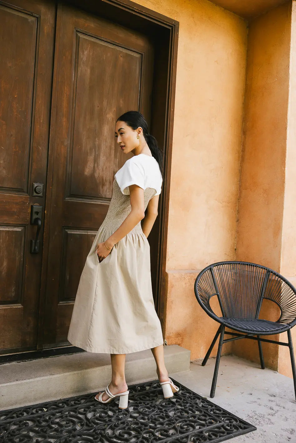 Florence Smocked Midi Dress in Taupe