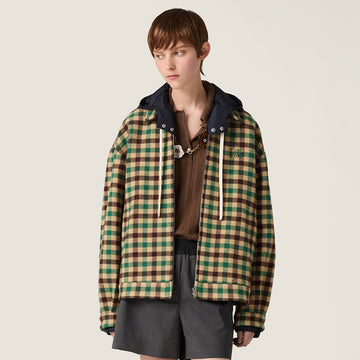 MiuMiu Women's Fall/Winter Lettering Eembroidered Logo Hood Zip Camel Green Navy Check and Technical Jacket #332611