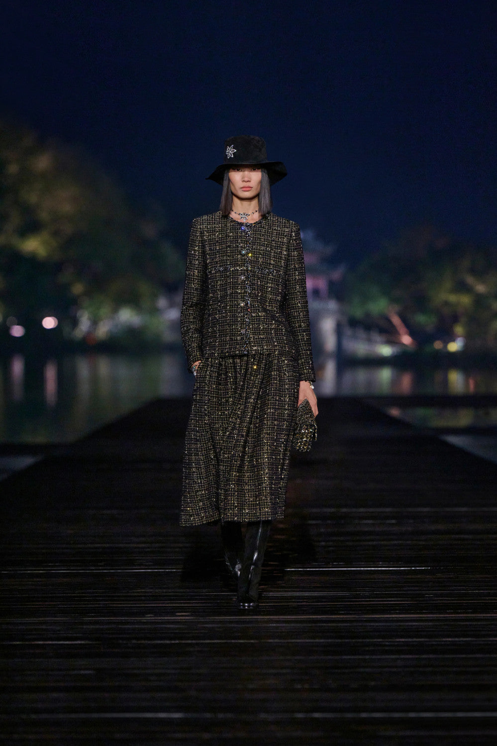 Chanel Women's Spring/autumn Vintage Suit Black And Gold Rhinestone Floral Embroidery Blend Belt Long Sleeve Jacket Pleated Halter Dress Vacation Set Ngvp #2243