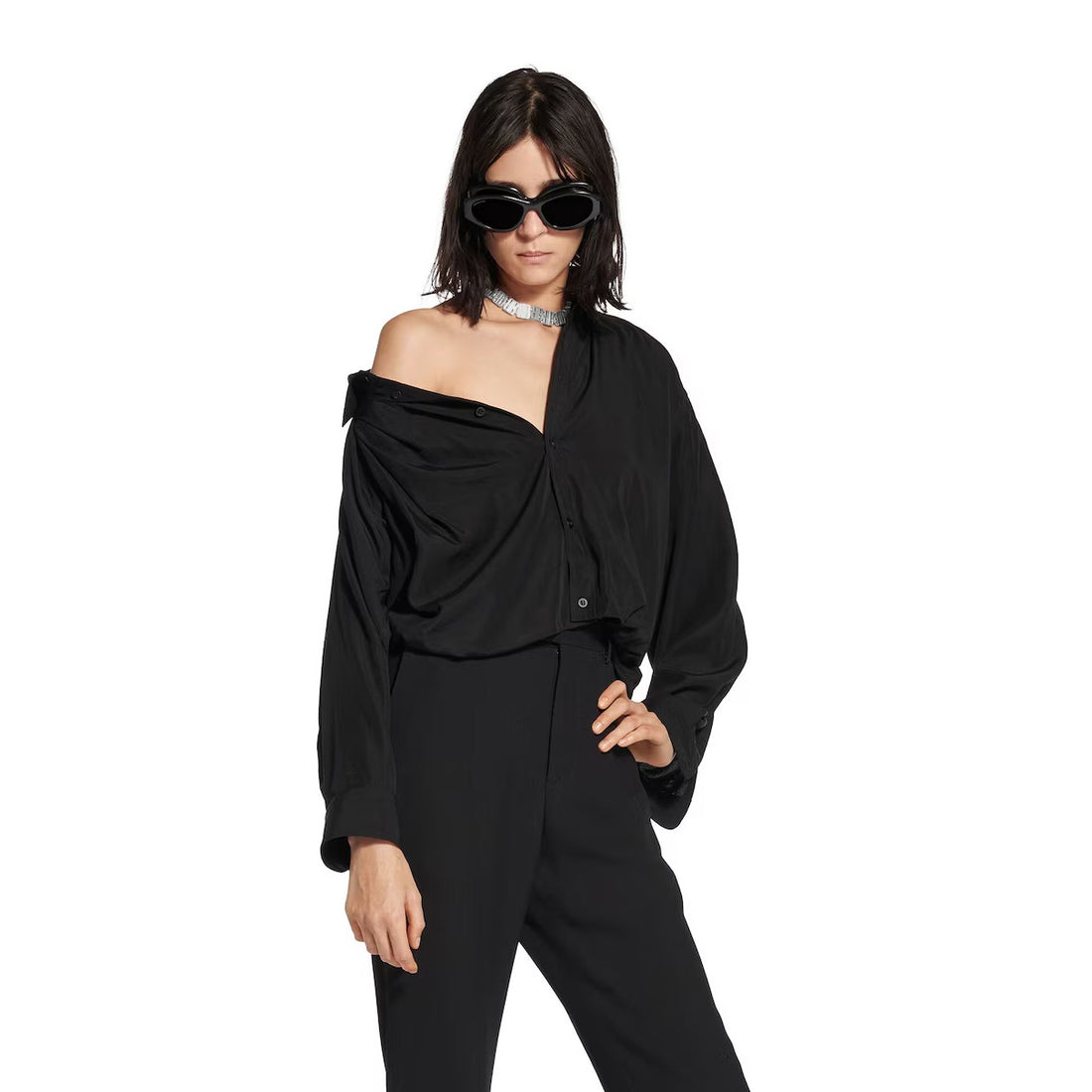 Balenciaga Women's Spring/Fall Fashion Casual Solid Color Lapel Front Button Long Sleeve One Shoulder Shirt #78818
