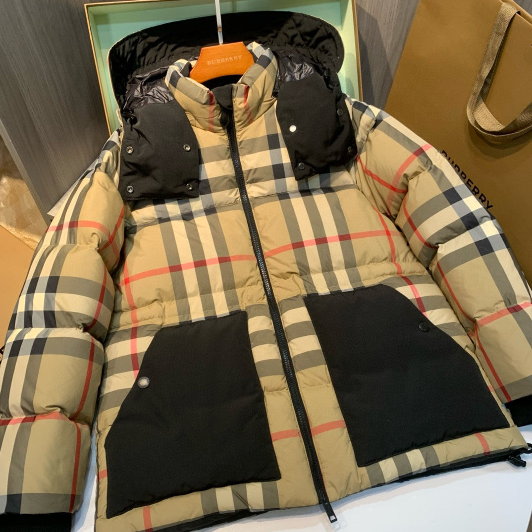 Burberry Fashion Casual High Neck Hooded Zipper Plaid Detachable Hood Plaid Recycled Polyester Down Jacket #79372