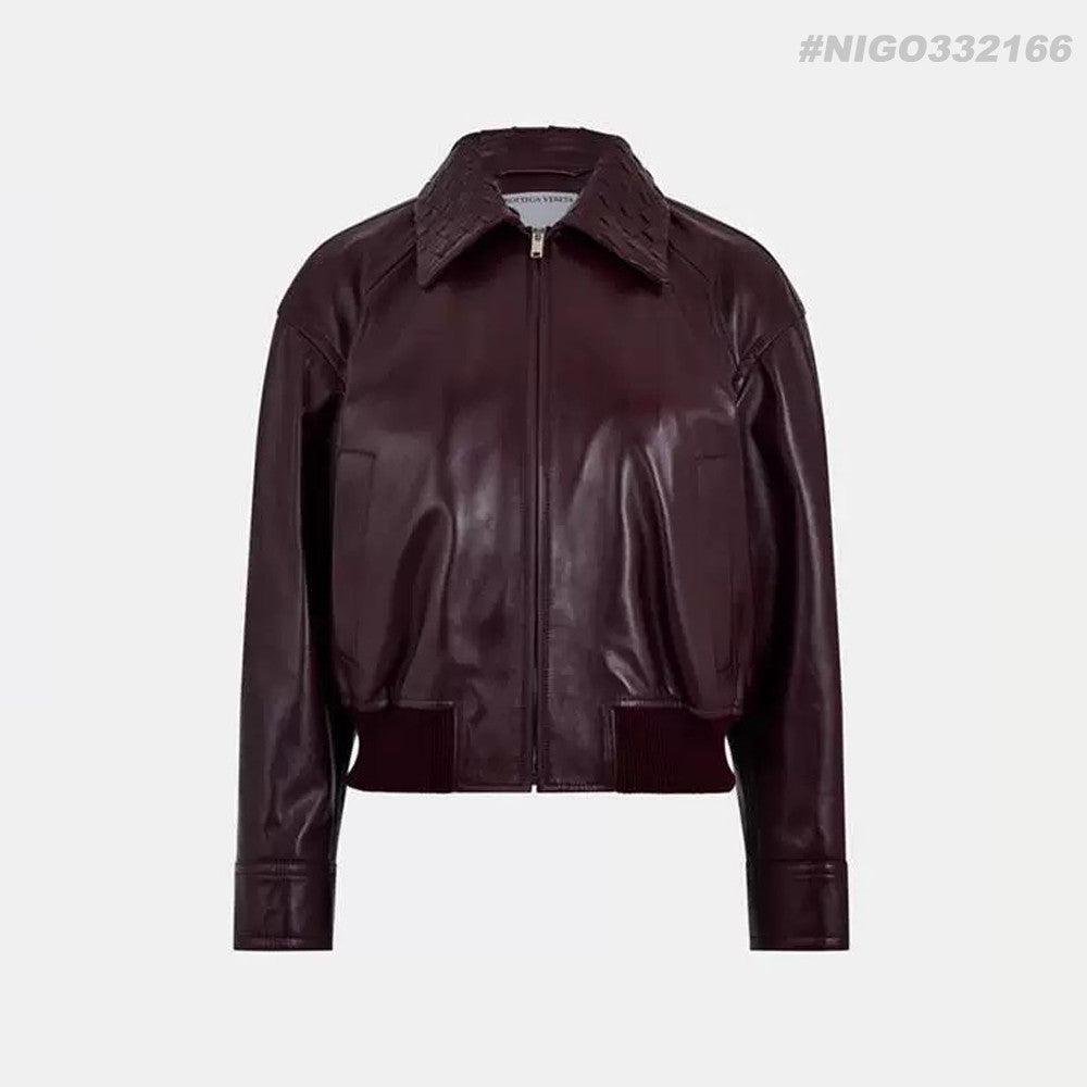 BOTTEGA VENETA Women's Off-Shoulder Woven Collar Zippered Long-sleeved Leather Jacket #332166