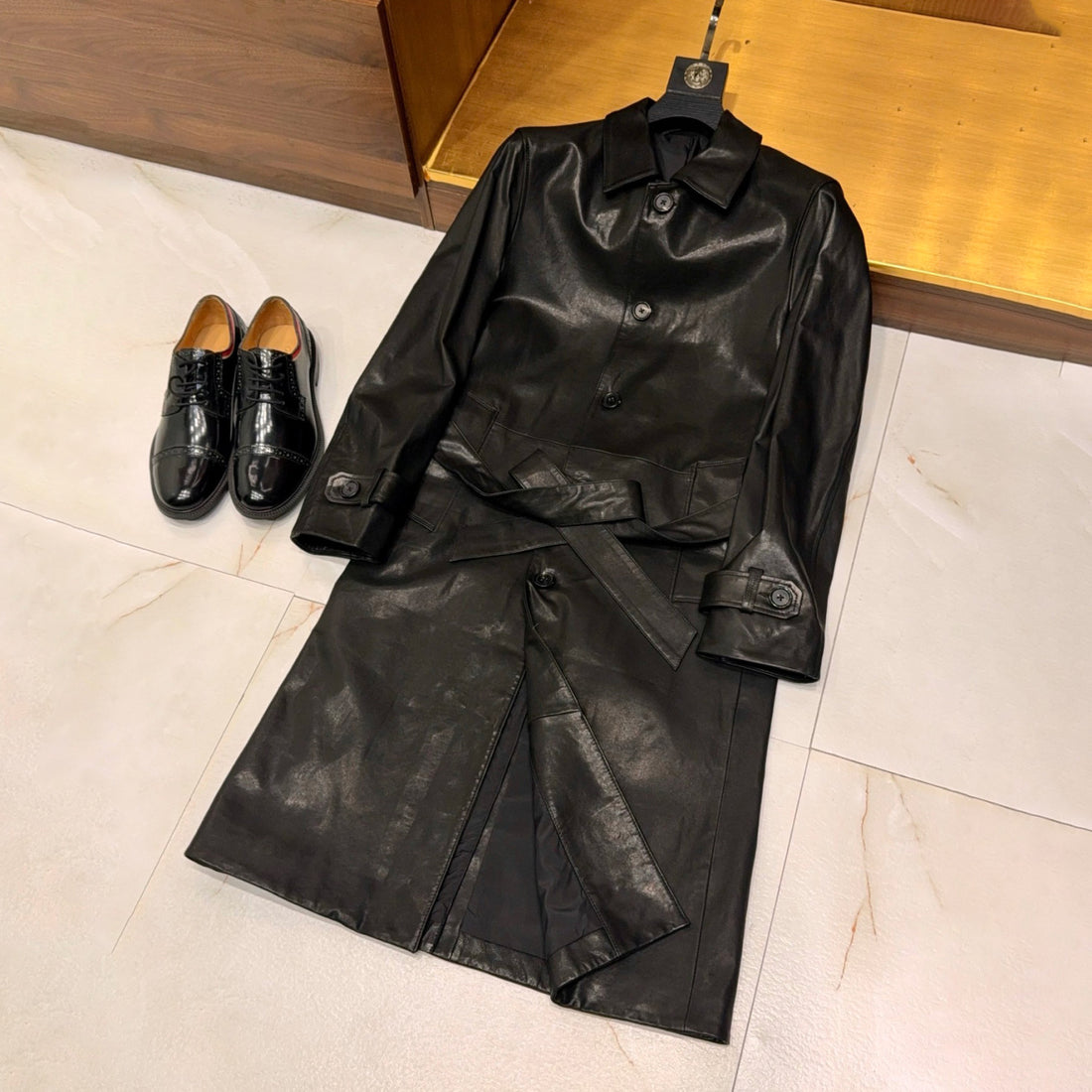 Gucci Men's And Women's Autumn/Winter Fashion Classic Solid-Color Lapel Single Breasted Vintage Craftsmanship Belted Long Trench Coat Leather Jacket #78826