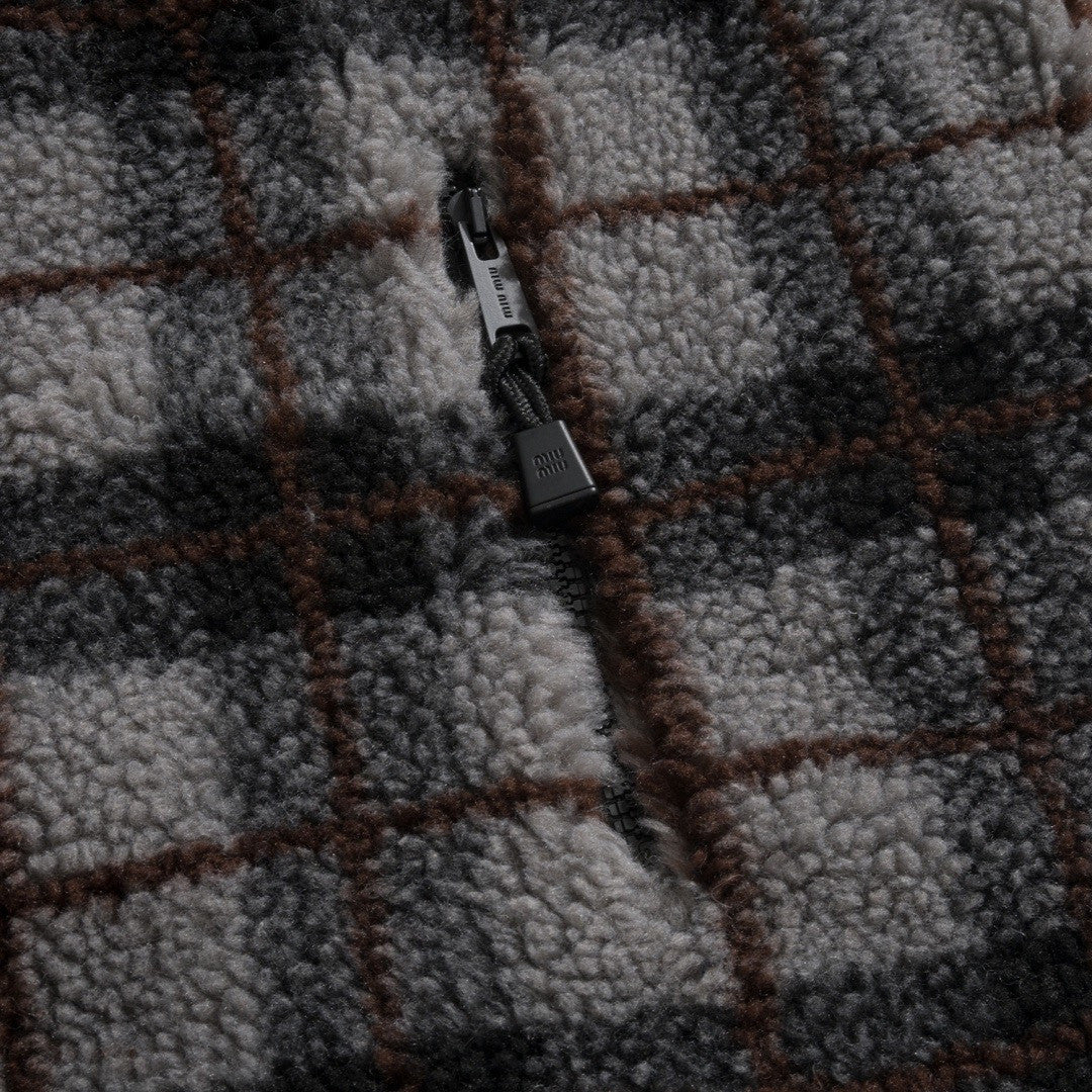 MiuMiu Gray black Checked Teddy Zipper Jacket #335443