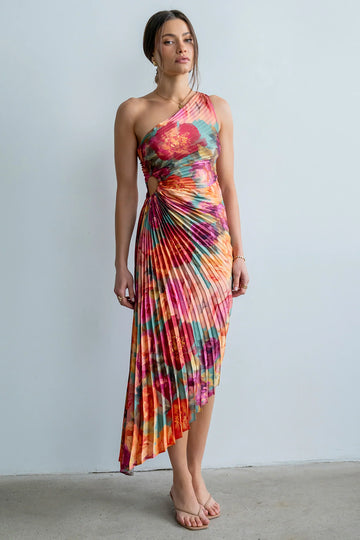 Asymmetrical Pleated Maxi Dress in Multi