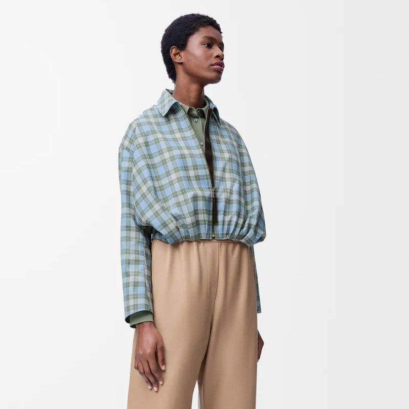 Loewe Women's Spring/autumn Fashion Casual Checkered Color Block Zipper Collar Short High Waisted Shirt Jacket Waist Cinching Checkered Color Block Casual Pleated Skirt Suit Set #78358