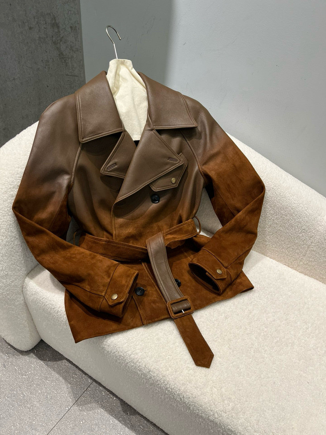 Ralph Lauren Women's Autumn And Winter Curry Leather Patchwork Jacket Belt Double Breasted Lapel Leather Jacket Ngvp #2248