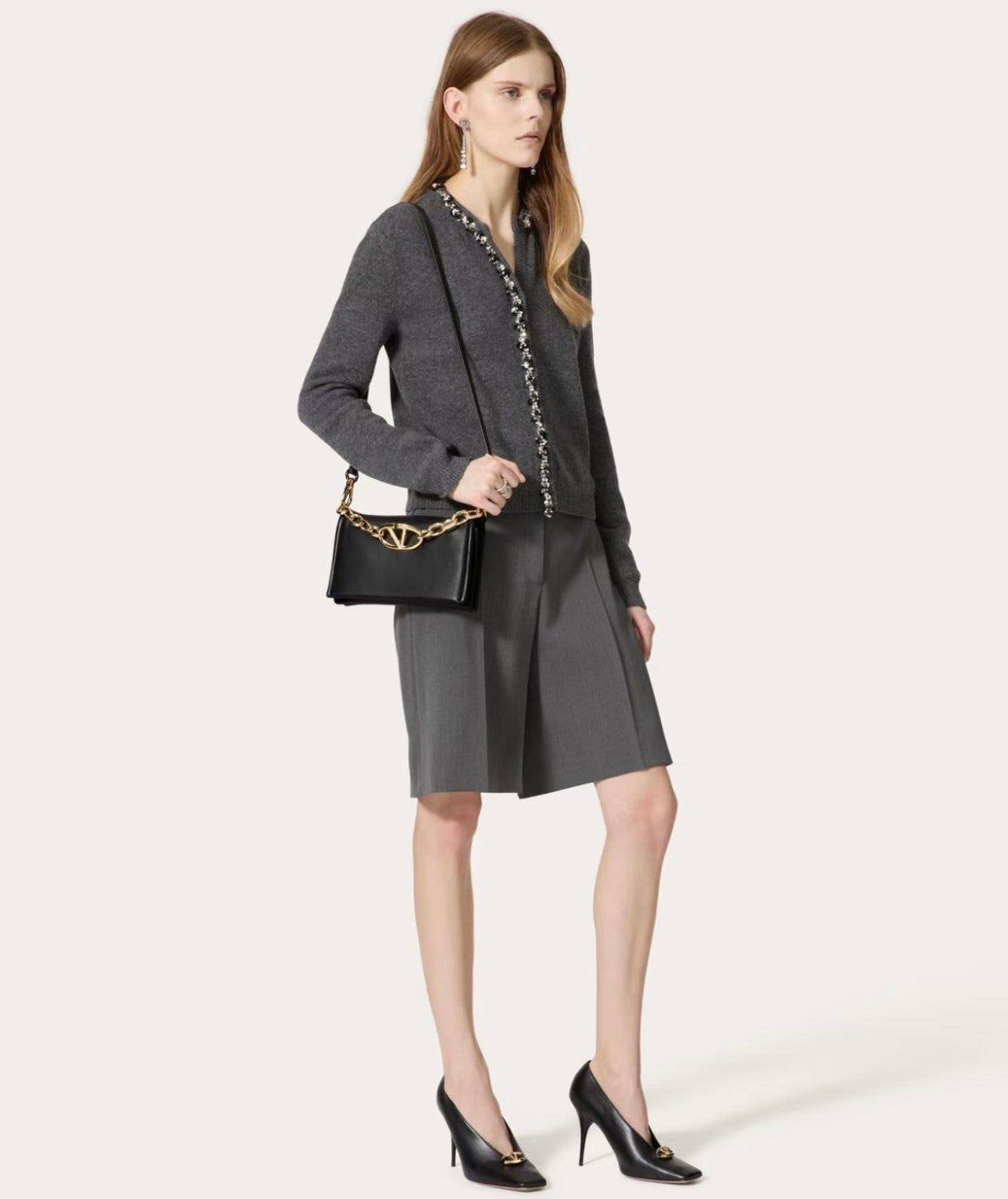 Valentino Women's Luxury Sequins Gray Wool Cardigan Autumn And Winter Fashion Trend Leisure Exquisite Single-breasted Knitted Cardigan Ngvp #2449