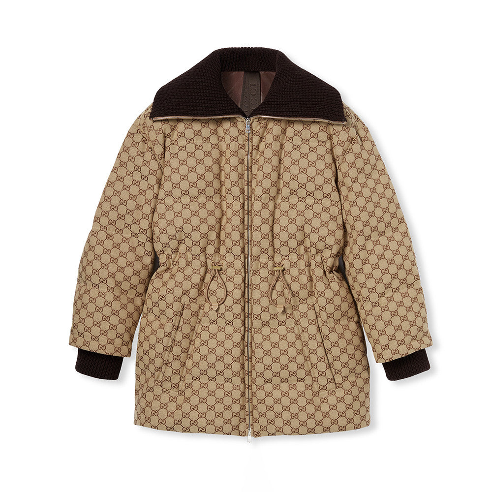 Gucci Women's Classic Jacquard Khaki Down Jacket With Duck Down Filling Camel Dark Brown GG Canvas Jacket #332469