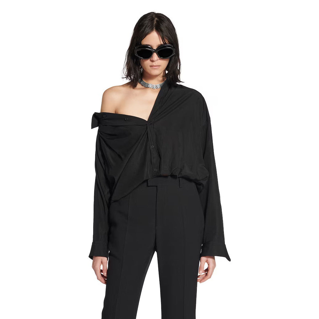 Balenciaga Women's Spring/Fall Fashion Casual Solid Color Lapel Front Button Long Sleeve One Shoulder Shirt #78818
