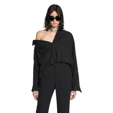Balenciaga Women's Spring/Fall Fashion Casual Solid Color Lapel Front Button Long Sleeve One Shoulder Shirt #78818
