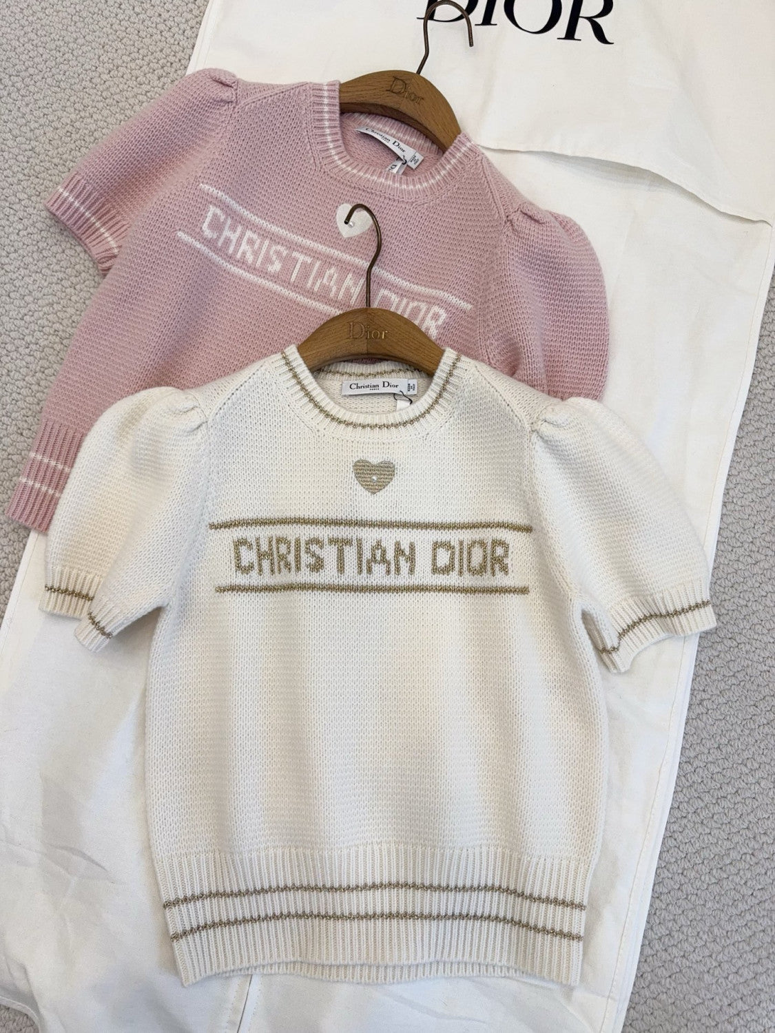 DIOR Short-Sleeved Sweater Ecru and Gold-Tone Virgin Wool-Cashmere Blend Knit #335676
