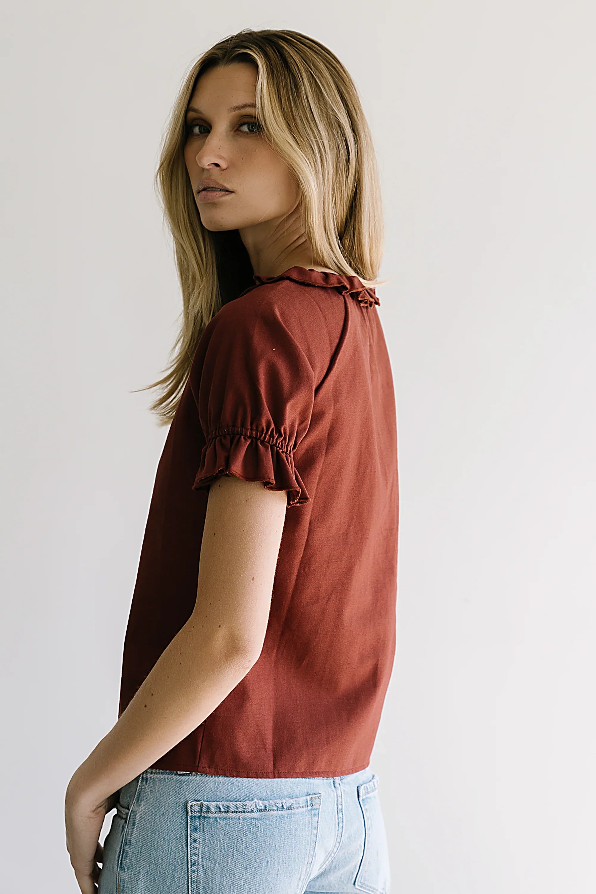 Connie Ruffle Blouse in Rust