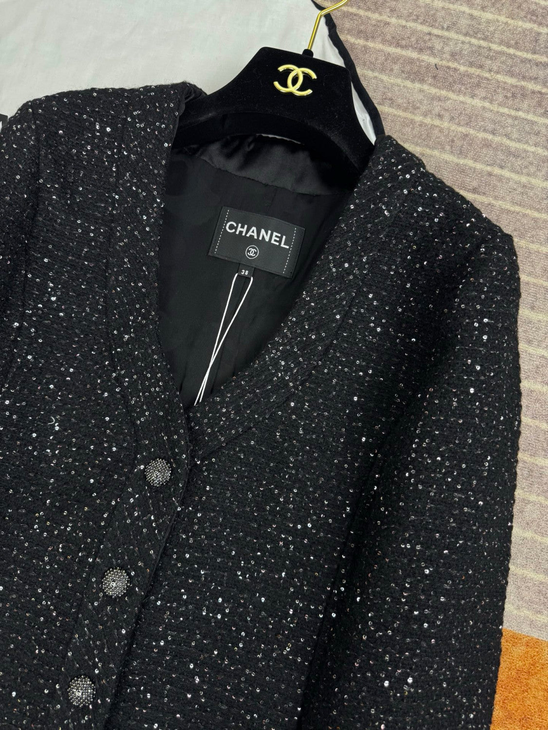 Chanel 25B Black Sequined Tweed Jacket #333126