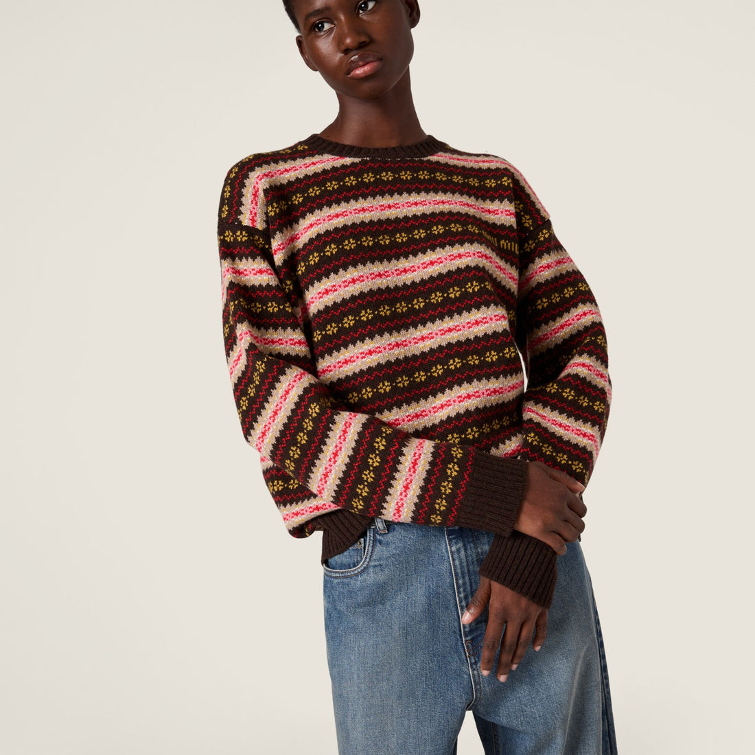 MiuMiu Women's Spring/Fall Fashion Casual Crew Neck Sweater Set with Striped Fair Isle Jacquard Wool Knit Sweater #79425