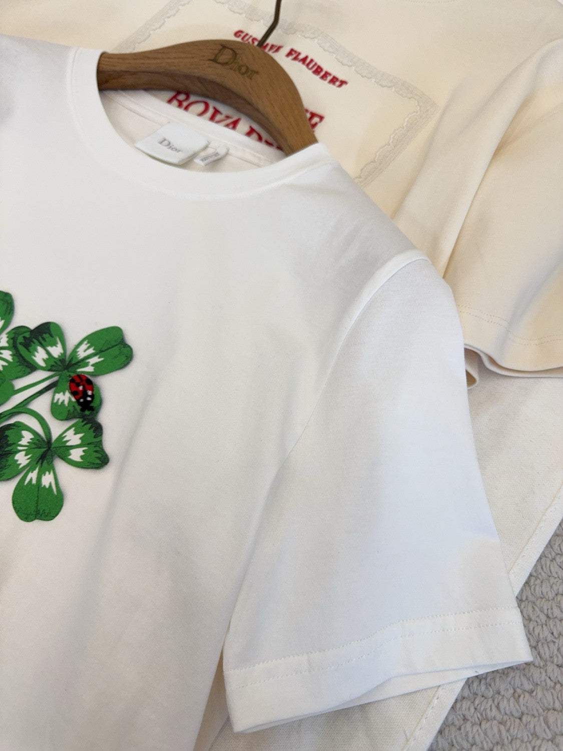 DIOR Fitted T-Shirt White Cotton Jersey with Green Dior Clover Motif #375760