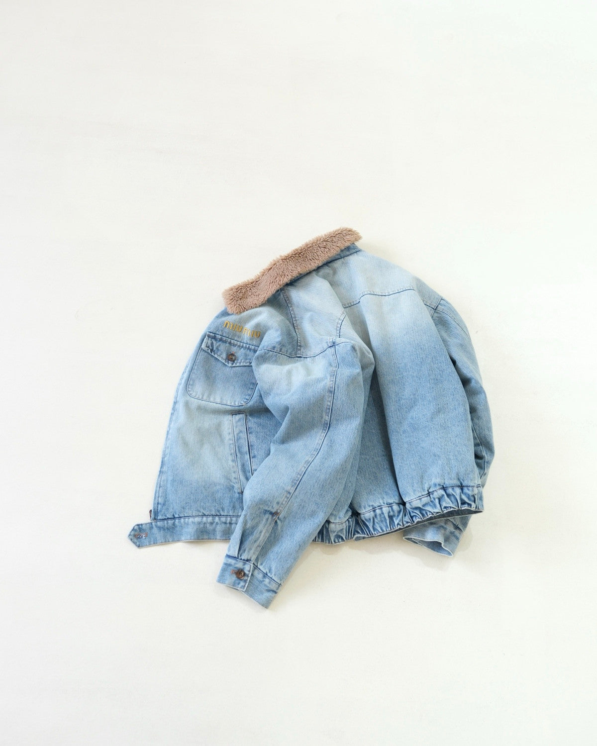 MiuMiu Denim and Wool Trucker Jacket Washed Embroidery Light Blue #332979