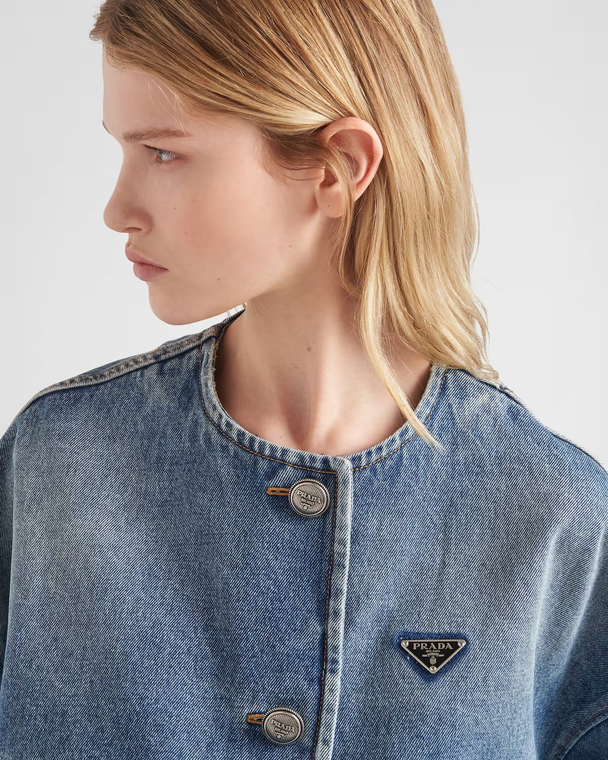 Prada Women's Spring/Summer/Fall Triangle Logo Waistband Denim Solid Color Single-Breasted Short Cotton Denim Blouson Jacket #81583