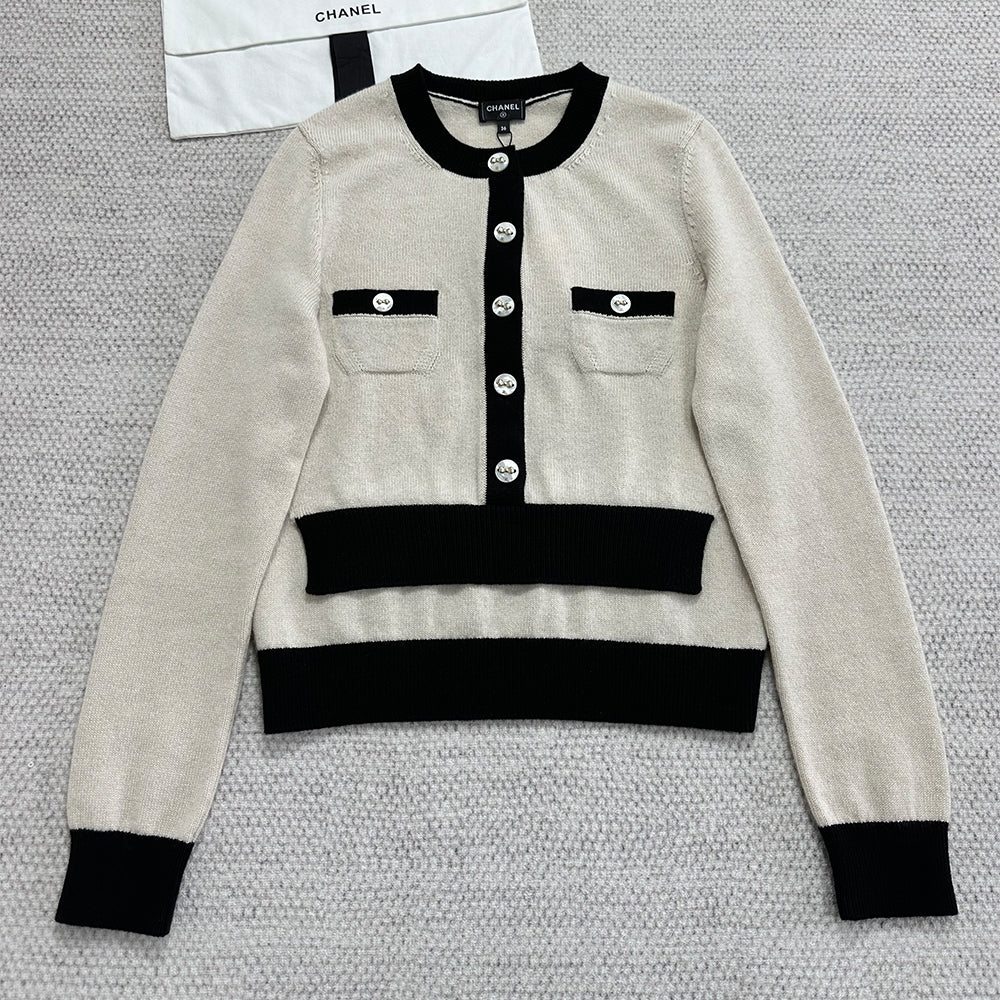 Chanel 25K Women's Little Fragrance Black and White Color Clash Button Bow Long Sleeve Knitted Cardigan #332367