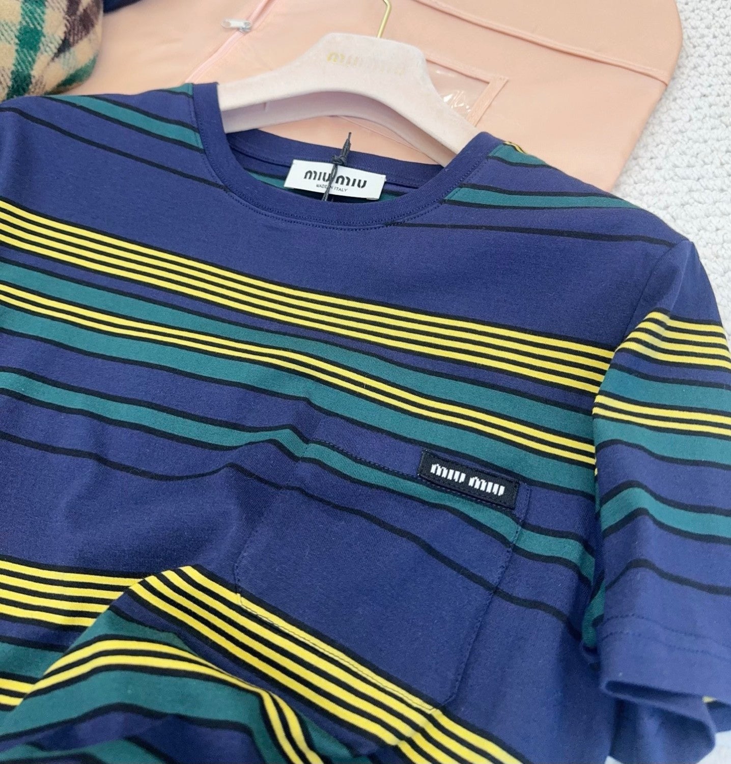 MiuMiu 25FW Women's Striped Short-sleeved T-shirt Yellow And Green Stripes Retro College Style Cotton Logo Pocket #332610