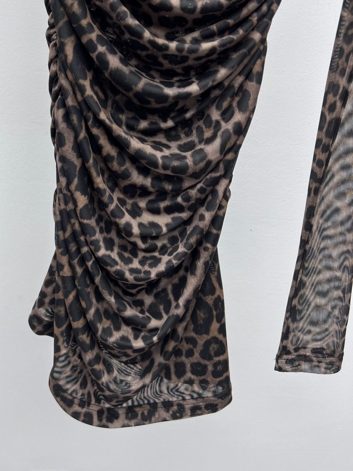 Saint Laurent Ruched Mini Dress in Leopard Tulle Jersey in Brown #334380