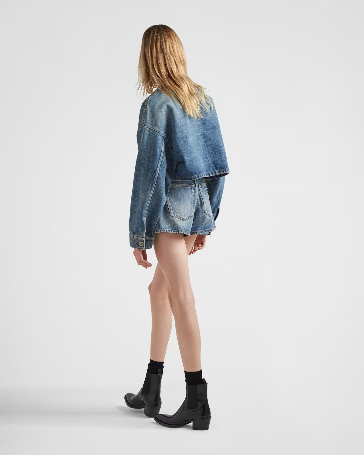 Prada Women's Spring/Summer/Fall Triangle Logo Waistband Denim Solid Color Single-Breasted Short Cotton Denim Blouson Jacket #81583