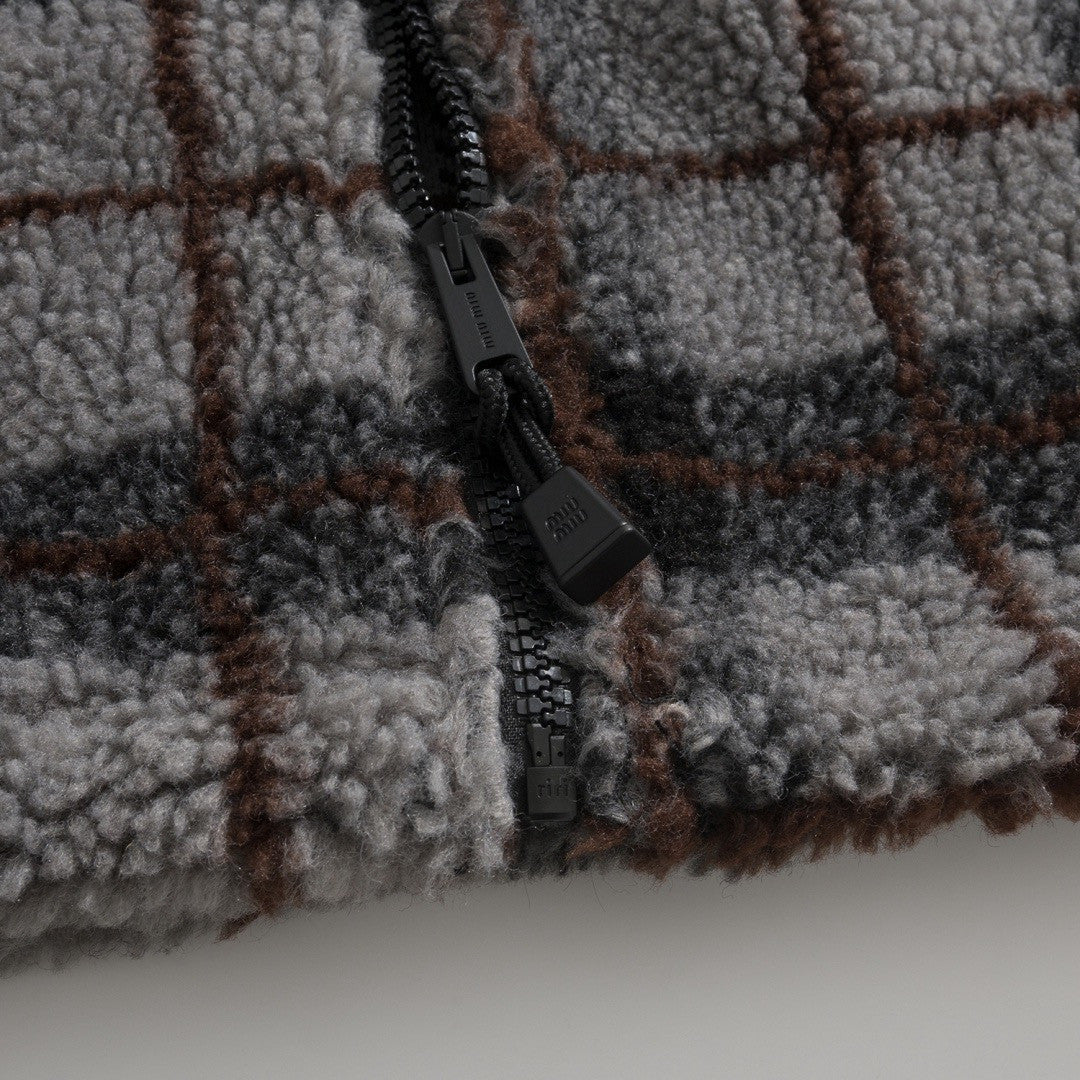 MiuMiu Gray black Checked Teddy Zipper Jacket #335443