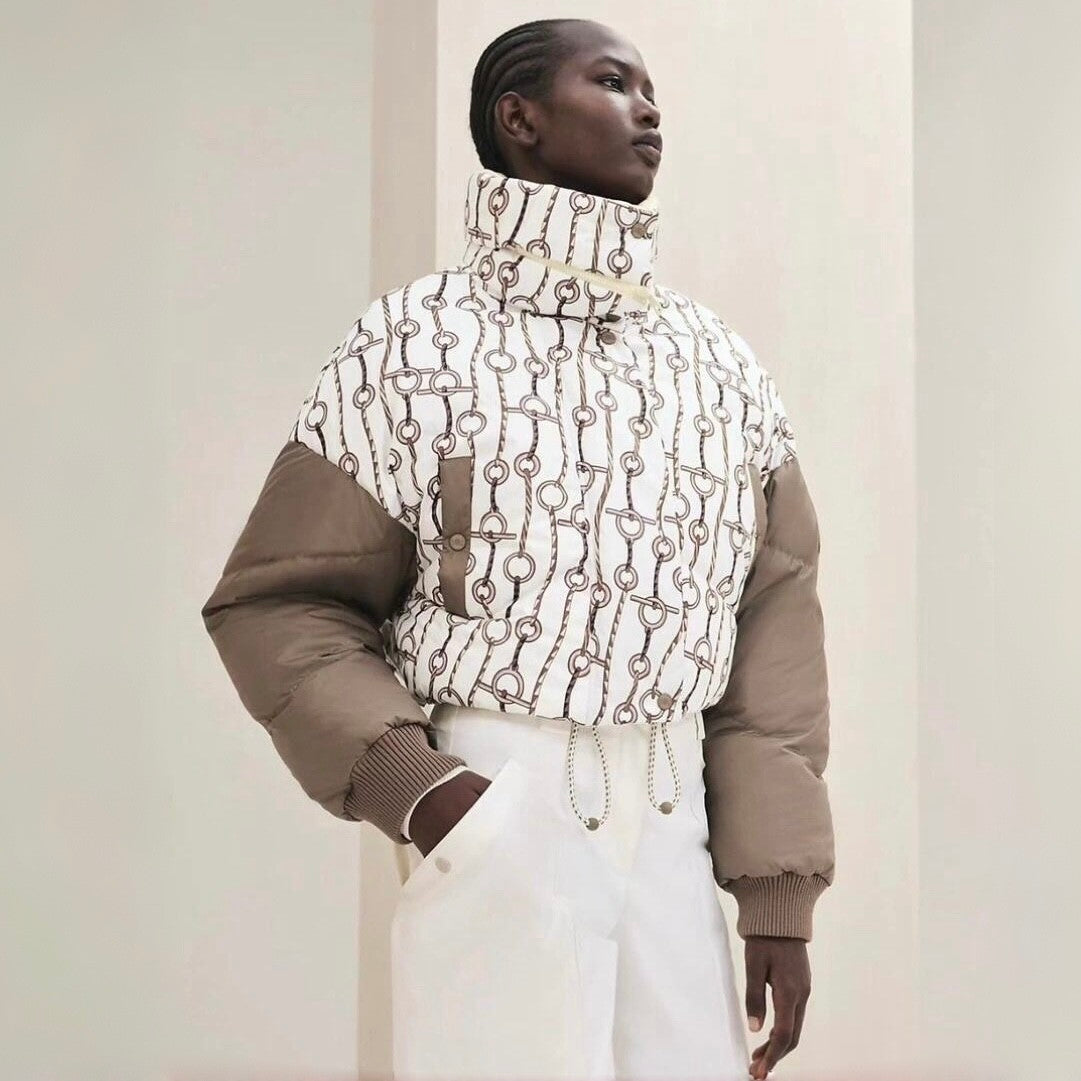 Hermes Women's Winter Fashion Casual Reversible Patterned Print Short Length High Neck Zipper White Goose Down Filled Short Jacket Down Jacket #78981