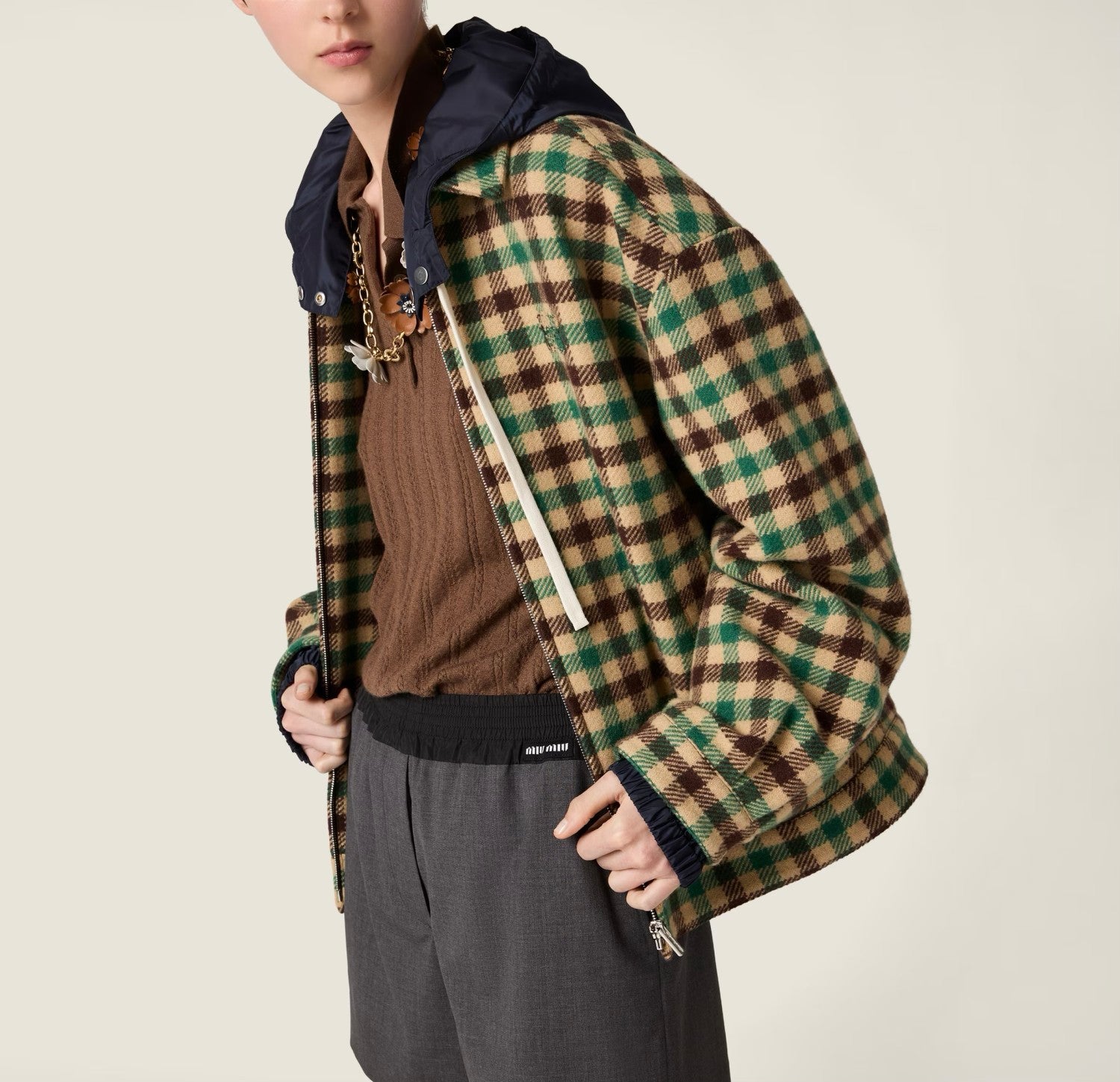 MiuMiu Women's Fall/Winter Lettering Eembroidered Logo Hood Zip Camel Green Navy Check and Technical Jacket #332611