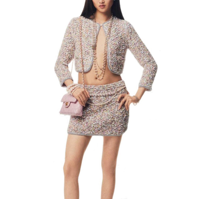 Chanel Women's Spring/Autumn Round Neck Rhinestone Trim Color Block Long Sleeve Cardigan Jacket Casual Tweed Stretch Skirt Ngvp #2274