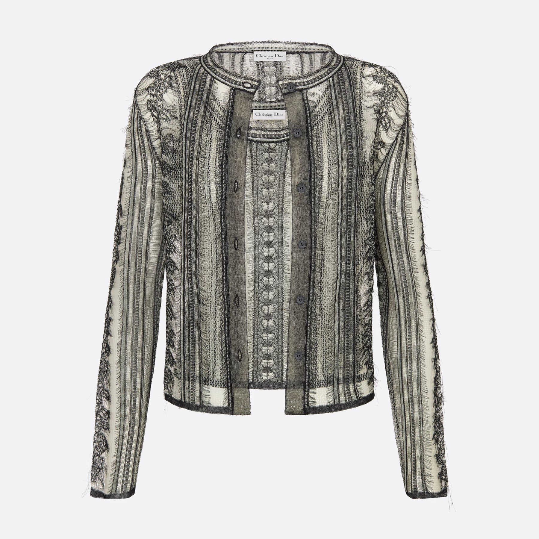 Dior Women's Spring/Summer/Fall Striped Embroidered Lace Hollow-Out Solid-Color Single-Breasted Round-Neck Knit Cardigan Ngvp #2398