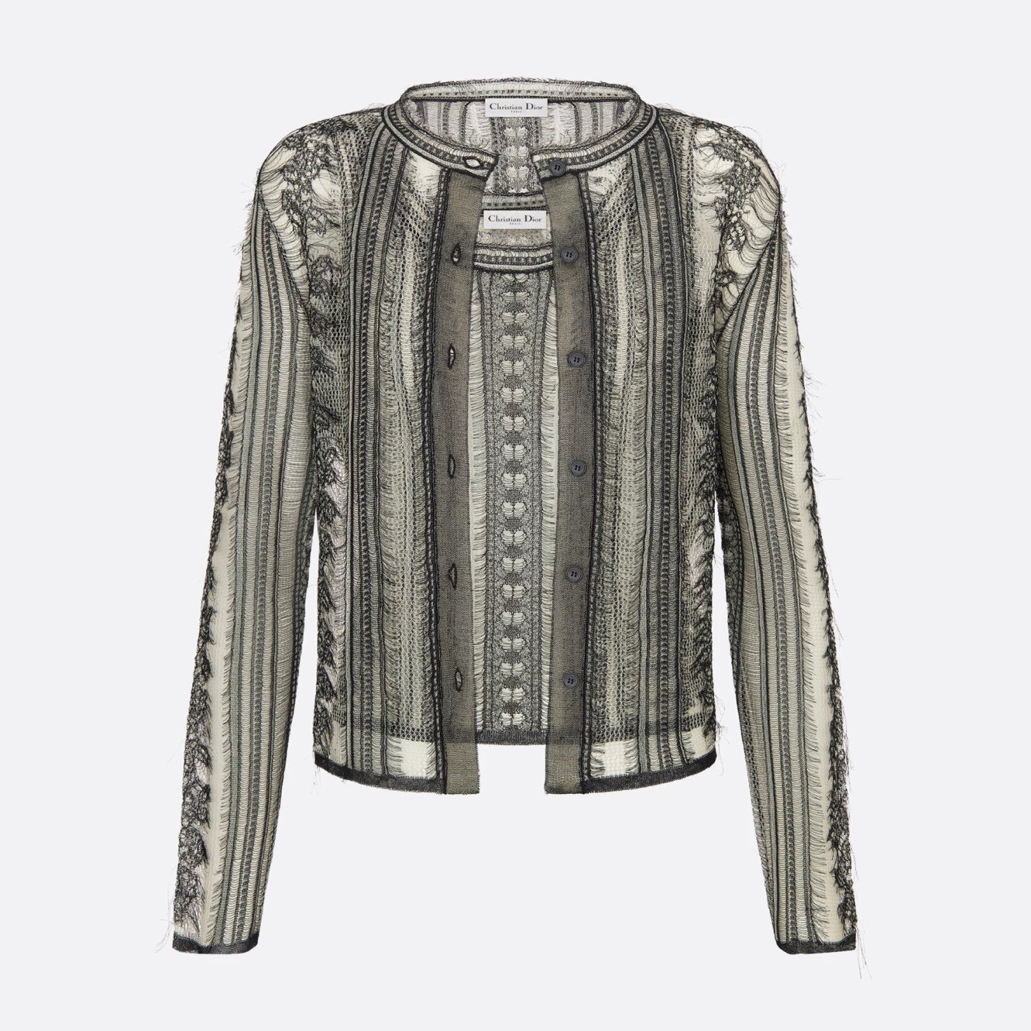 Dior Women's Spring/Summer/Fall Striped Embroidered Lace Hollow-Out Solid-Color Single-Breasted Round-Neck Knit Cardigan Ngvp #2398