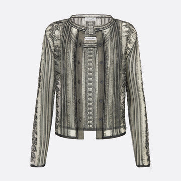Dior Women's Spring/Summer/Fall Striped Embroidered Lace Hollow-Out Solid-Color Single-Breasted Round-Neck Knit Cardigan Ngvp #2398
